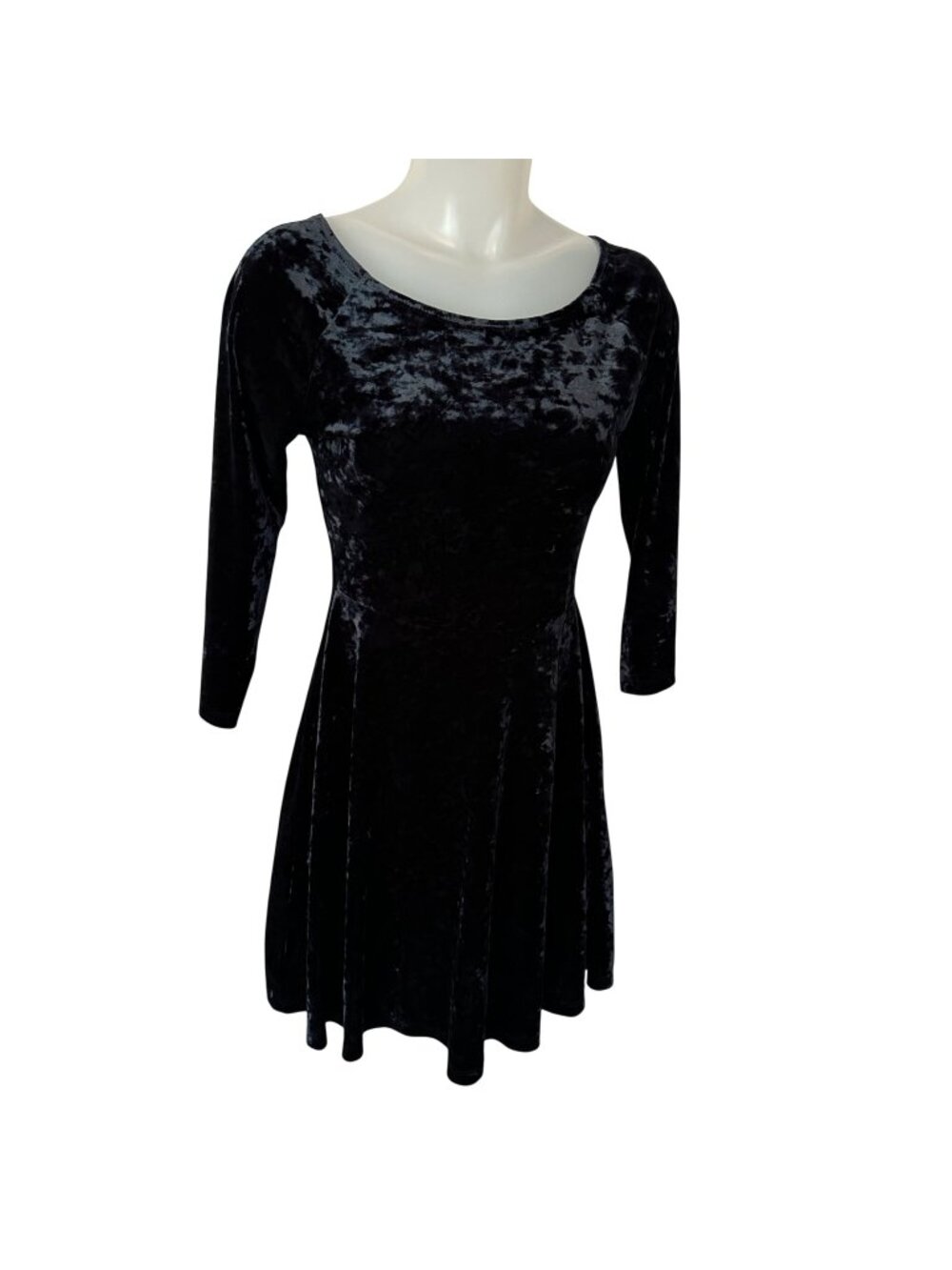Forever 21 Black Crushed Velvet Witchy Mini Dress Sz L 3/4 Sleeve Dark Romantic